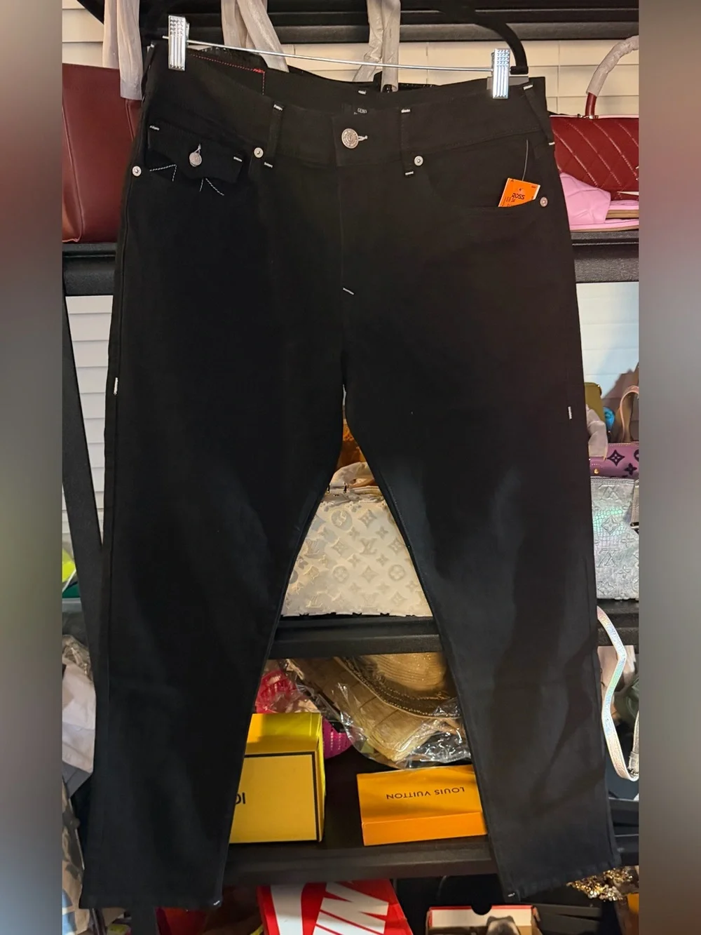 True Religion Black Jeans with Signature White Back Pocket Stitching